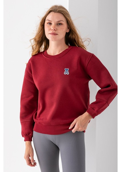 Kadın Bisiklet Yaka Taşlı Ayıcık Nakışlı 3ip Sweatshirt Bordo - 2625