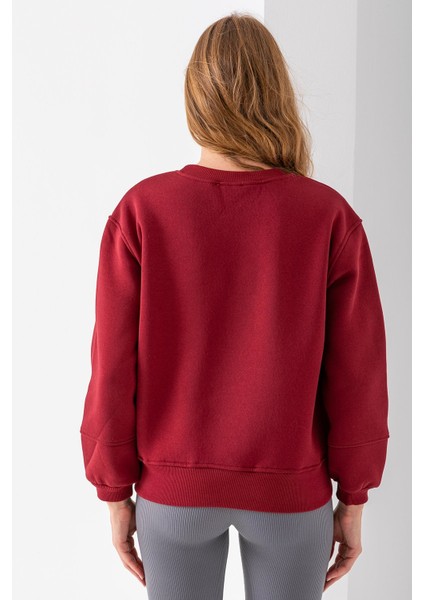Kadın Bisiklet Yaka Taşlı Ayıcık Nakışlı 3ip Sweatshirt Bordo - 2625