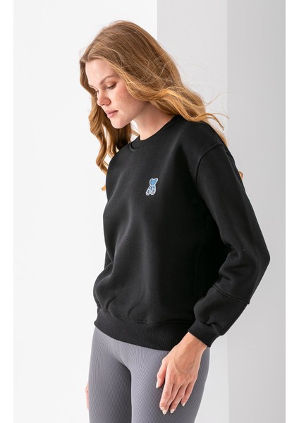 Kadın Bisiklet Yaka Taşlı Ayıcık Nakışlı 3ip Sweatshirt Siyah - 2625 fiyatları