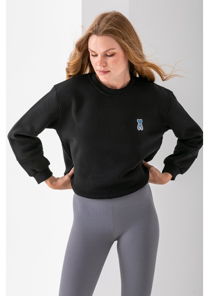 Kadın Bisiklet Yaka Taşlı Ayıcık Nakışlı 3ip Sweatshirt Siyah - 2625 modelleri