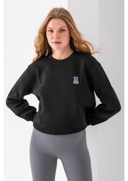 Kadın Bisiklet Yaka Taşlı Ayıcık Nakışlı 3ip Sweatshirt Siyah - 2625 fırsatları