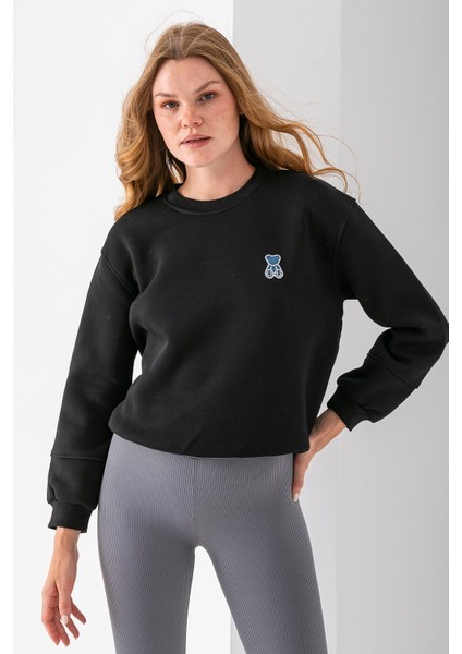 Kadın Bisiklet Yaka Taşlı Ayıcık Nakışlı 3ip Sweatshirt Siyah - 2625 indirimleri