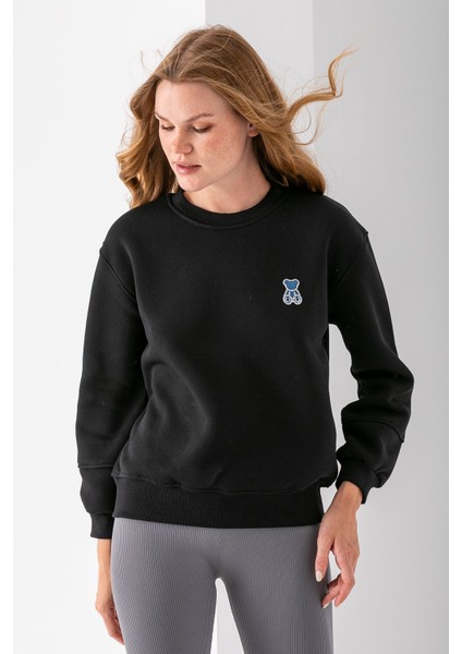 Kadın Bisiklet Yaka Taşlı Ayıcık Nakışlı 3ip Sweatshirt Siyah - 2625