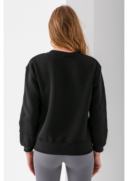 Kadın Bisiklet Yaka Taşlı Ayıcık Nakışlı 3ip Sweatshirt Siyah - 2625