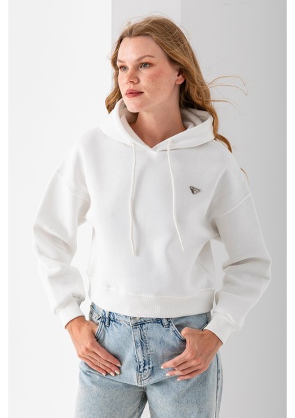 Kadın Kapüşonlu Fashion Aksesuarlı 3ip Crop Sweatshirt Beyaz - 2667