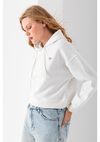 Kadın Kapüşonlu Fashion Aksesuarlı 3ip Crop Sweatshirt Beyaz - 2667 fiyatları