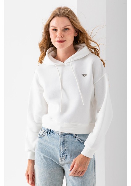 Kadın Kapüşonlu Fashion Aksesuarlı 3ip Crop Sweatshirt Beyaz - 2667 modelleri