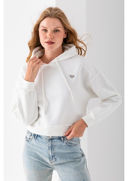 Kadın Kapüşonlu Fashion Aksesuarlı 3ip Crop Sweatshirt Beyaz - 2667 indirimleri