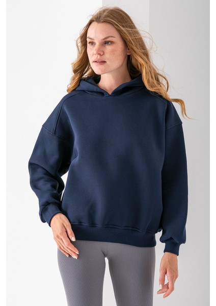 Kadın Kapüşonlu 3ip Basic Oversize Sweatshirt Lacivert - 2672