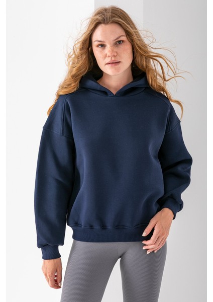 Kadın Kapüşonlu 3ip Basic Oversize Sweatshirt Lacivert - 2672 modelleri