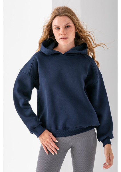 Kadın Kapüşonlu 3ip Basic Oversize Sweatshirt Lacivert - 2672