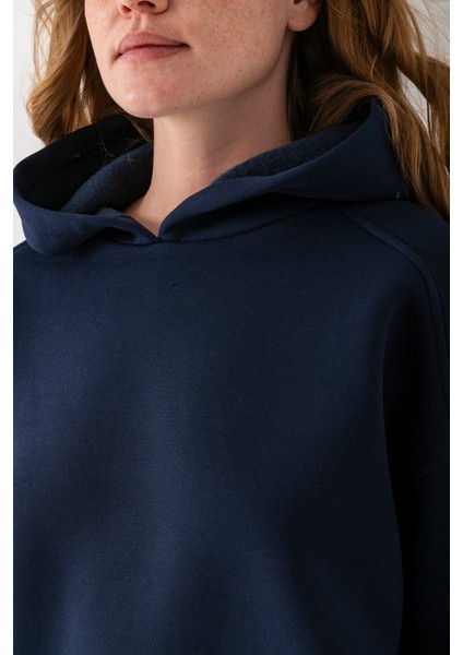 Kadın Kapüşonlu 3ip Basic Oversize Sweatshirt Lacivert - 2672