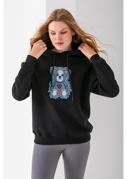 Kadın Kapüşonlu Kot Ayıcık Nakışlı 3ip Sweatshirt Siyah - 2621 modelleri