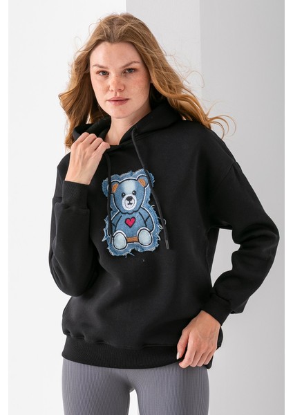 Kadın Kapüşonlu Kot Ayıcık Nakışlı 3ip Sweatshirt Siyah - 2621 fırsatları