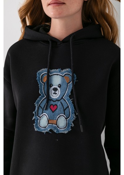 Kadın Kapüşonlu Kot Ayıcık Nakışlı 3ip Sweatshirt Siyah - 2621