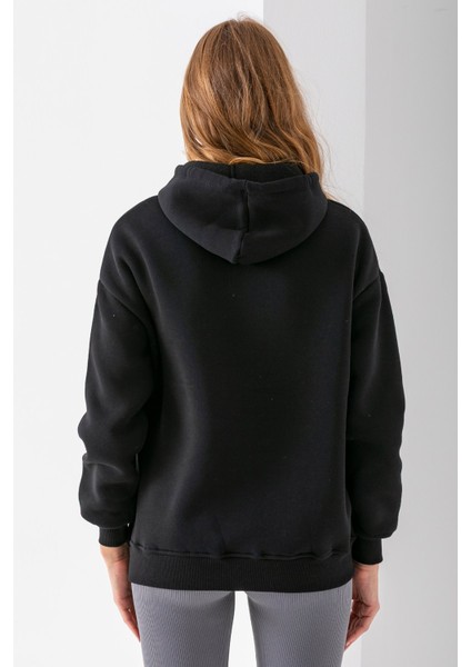 Kadın Kapüşonlu Kot Ayıcık Nakışlı 3ip Sweatshirt Siyah - 2621