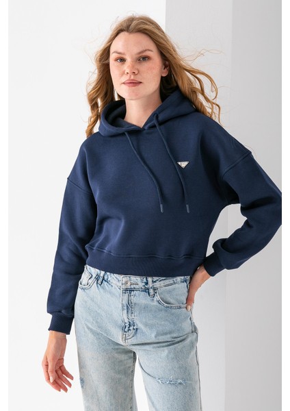Kadın Kapüşonlu Fashion Aksesuarlı 3ip Crop Sweatshirt Lacivert - 2667