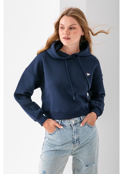 Kadın Kapüşonlu Fashion Aksesuarlı 3ip Crop Sweatshirt Lacivert - 2667 fiyatları