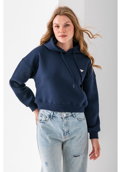 Kadın Kapüşonlu Fashion Aksesuarlı 3ip Crop Sweatshirt Lacivert - 2667 modelleri