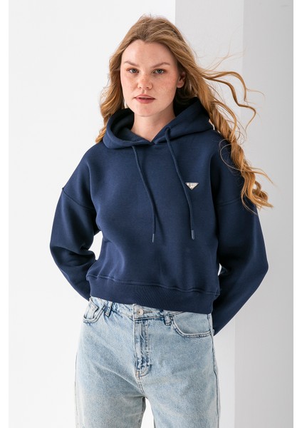 Kadın Kapüşonlu Fashion Aksesuarlı 3ip Crop Sweatshirt Lacivert - 2667 fırsatları