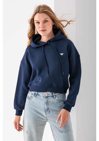Kadın Kapüşonlu Fashion Aksesuarlı 3ip Crop Sweatshirt Lacivert - 2667 indirimleri