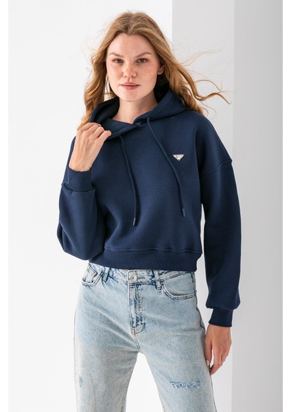 Kadın Kapüşonlu Fashion Aksesuarlı 3ip Crop Sweatshirt Lacivert - 2667