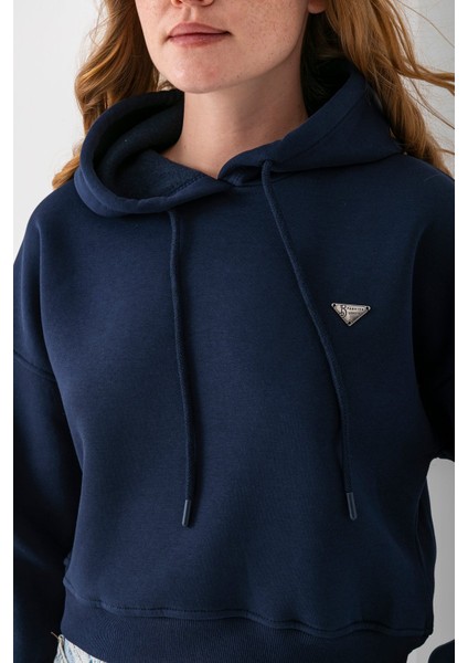 Kadın Kapüşonlu Fashion Aksesuarlı 3ip Crop Sweatshirt Lacivert - 2667