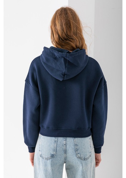Kadın Kapüşonlu Fashion Aksesuarlı 3ip Crop Sweatshirt Lacivert - 2667