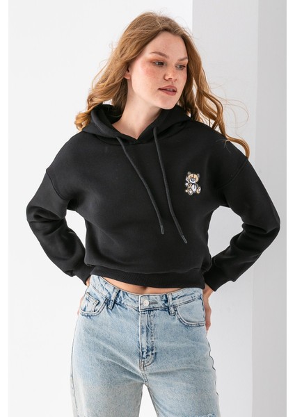 Kadın Kapüşonlu Ayıcık Nakışlı 3ip Crop Sweatshirt Siyah - 2668
