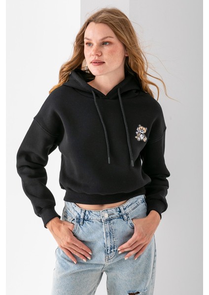 Kadın Kapüşonlu Ayıcık Nakışlı 3ip Crop Sweatshirt Siyah - 2668 fiyatları