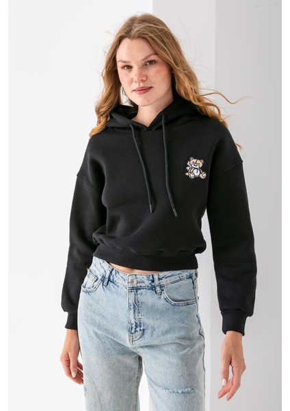 Kadın Kapüşonlu Ayıcık Nakışlı 3ip Crop Sweatshirt Siyah - 2668 modelleri