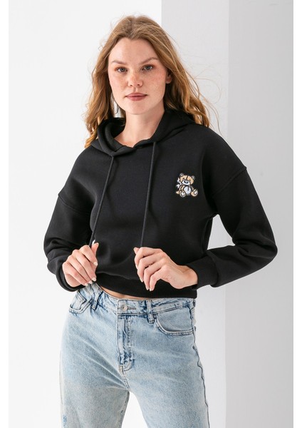 Kadın Kapüşonlu Ayıcık Nakışlı 3ip Crop Sweatshirt Siyah - 2668 fırsatları