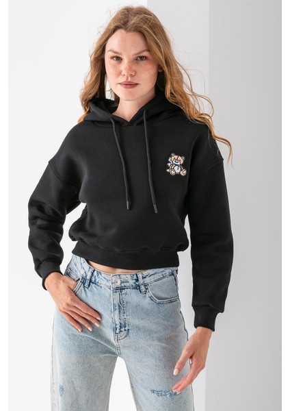 Kadın Kapüşonlu Ayıcık Nakışlı 3ip Crop Sweatshirt Siyah - 2668