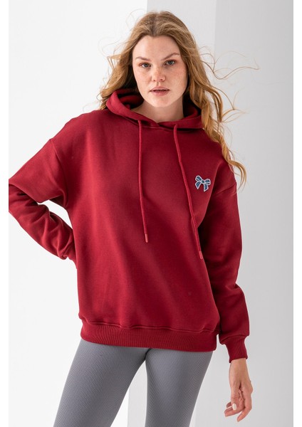 Kadın Kapüşonlu Taşlı Fiyonk Nakışlı 3ip Sweatshirt Bordo - 2623