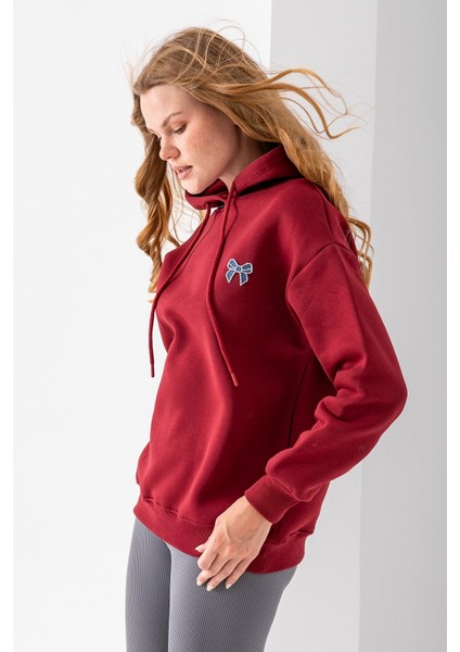 Kadın Kapüşonlu Taşlı Fiyonk Nakışlı 3ip Sweatshirt Bordo - 2623 fiyatları