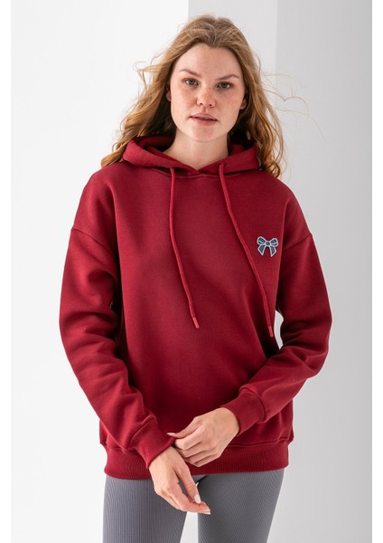 Kadın Kapüşonlu Taşlı Fiyonk Nakışlı 3ip Sweatshirt Bordo - 2623 fırsatları