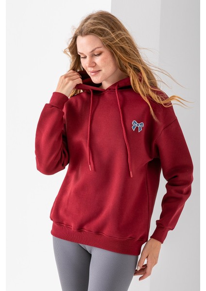 Kadın Kapüşonlu Taşlı Fiyonk Nakışlı 3ip Sweatshirt Bordo - 2623 indirimleri