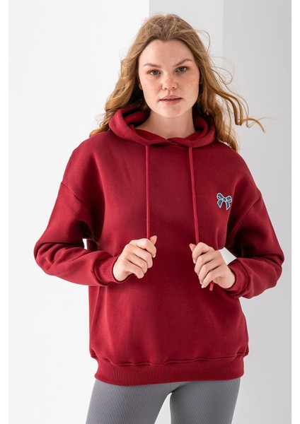 Kadın Kapüşonlu Taşlı Fiyonk Nakışlı 3ip Sweatshirt Bordo - 2623