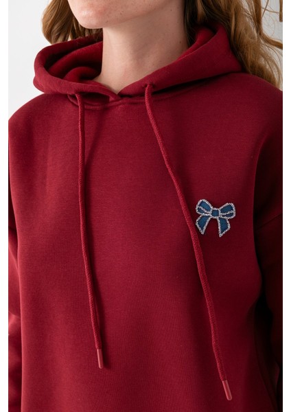 Kadın Kapüşonlu Taşlı Fiyonk Nakışlı 3ip Sweatshirt Bordo - 2623