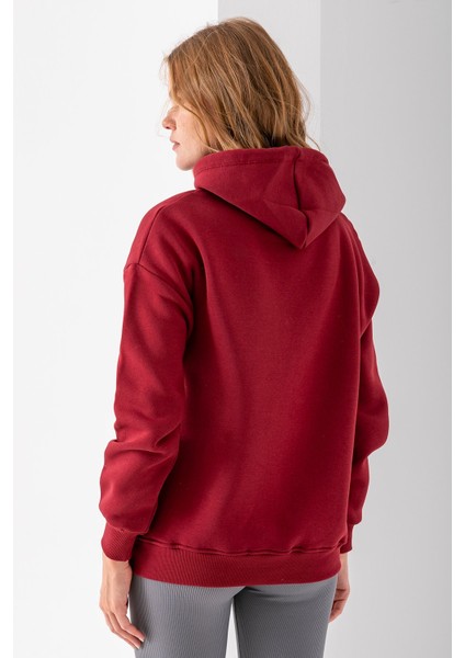 Kadın Kapüşonlu Taşlı Fiyonk Nakışlı 3ip Sweatshirt Bordo - 2623
