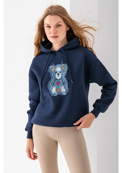 Kadın Kapüşonlu Kot Ayıcık Nakışlı 3ip Sweatshirt Lacivert - 2621 fırsatları