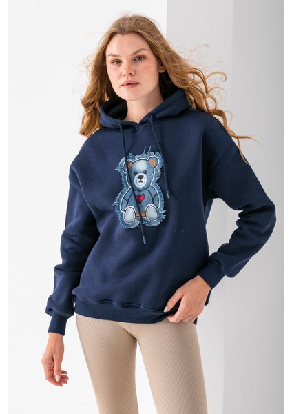 Kadın Kapüşonlu Kot Ayıcık Nakışlı 3ip Sweatshirt Lacivert - 2621 indirimleri