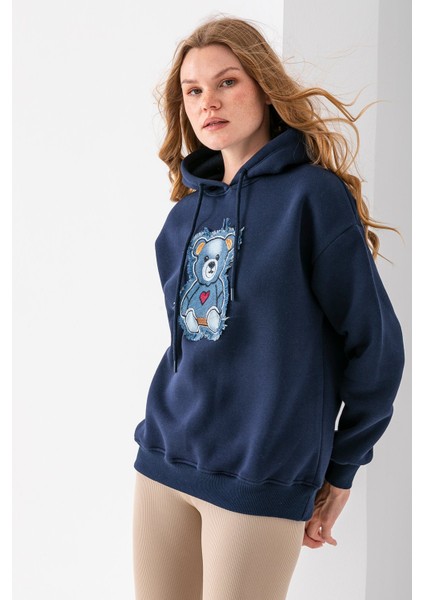 Kadın Kapüşonlu Kot Ayıcık Nakışlı 3ip Sweatshirt Lacivert - 2621