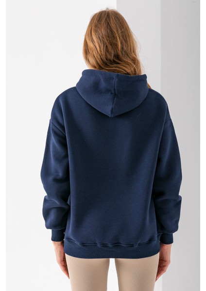 Kadın Kapüşonlu Kot Ayıcık Nakışlı 3ip Sweatshirt Lacivert - 2621