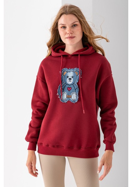 Kadın Kapüşonlu Kot Ayıcık Nakışlı 3ip Sweatshirt Bordo - 2621 indirimleri