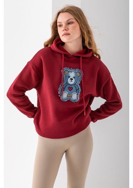 Kadın Kapüşonlu Kot Ayıcık Nakışlı 3ip Sweatshirt Bordo - 2621