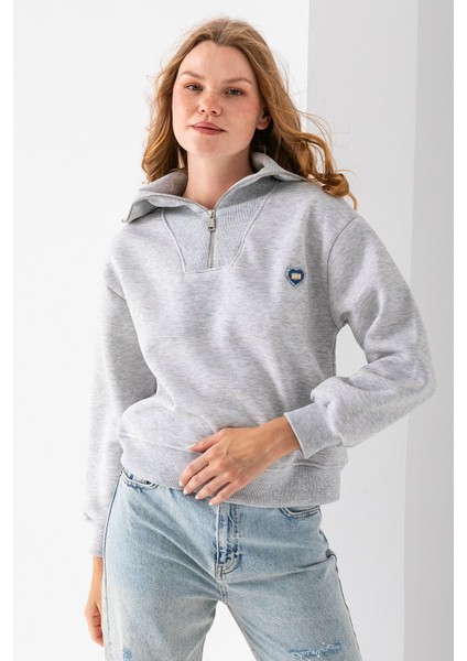 Kadın Yarım Fermuarlı Taşlı Kalp Nakışlı 3ip Sweatshirt Gri - 2665