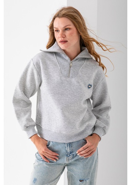 Kadın Yarım Fermuarlı Taşlı Kalp Nakışlı 3ip Sweatshirt Gri - 2665 modelleri