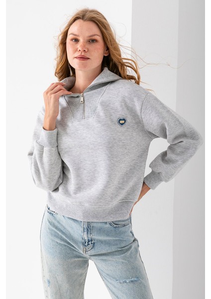 Kadın Yarım Fermuarlı Taşlı Kalp Nakışlı 3ip Sweatshirt Gri - 2665 indirimleri