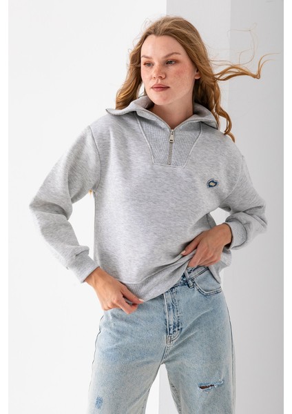 Kadın Yarım Fermuarlı Taşlı Kalp Nakışlı 3ip Sweatshirt Gri - 2665